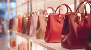 Detailed view of a rack filled with beautifully crafted handbags, an integral part of the new collection. photo