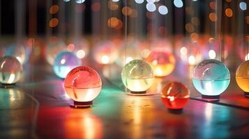 Closeup of a group of motionsensing orbs floating and changing color in response to visitors movements. photo