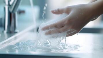 Closeup of a hand scrubbing a sink with running water to maintain hygiene photo