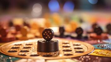 Closeup of a game piece with intricate details and patterns, used in a virtual reality family game night. photo