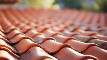 Closeup of a traditional clay roof tile, adding rustic charm to a modern building. photo