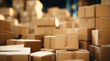 Closeup of a stack of cardboard boxes waiting to be broken down and recycled. photo
