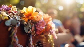 Macro view of a flower crown resting on a guitar, embodying the freespirited and creative nature of the festival. photo