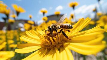 Macro view of a single honeybee pollinating a bright yellow wildflower in the midst of a busy city park. photo