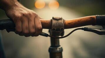 Detailed shot of a cyclists hand gripping the handlebars of a worn and weathered bike. photo