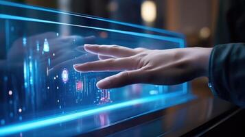 Closeup of a hand reaching towards a smart mirror to adjust the brightness and color of the lighting. photo