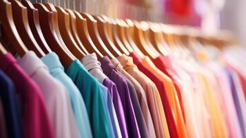 Closeup of a rack of colorful dresses, ready to be worn on the runway. photo