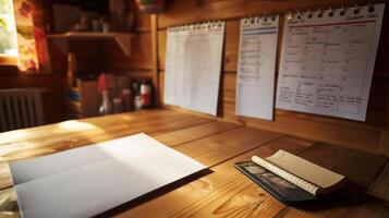 Closeup of a calendar and todo list hanging on a bulletin board against a woodpaneled wall in a tiny house workspace. photo