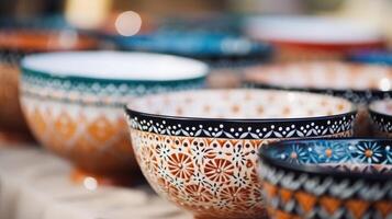 Closeup of a set of ceramic bowls, handpainted by artisans using traditional and sustainable techniques. photo