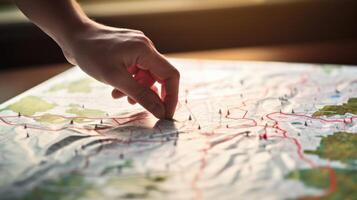 Closeup of a hand drawing a winding path on a blank map, symbolizing the need for a clear and deliberate strategy in navigating the journey of personal and professional growth. photo