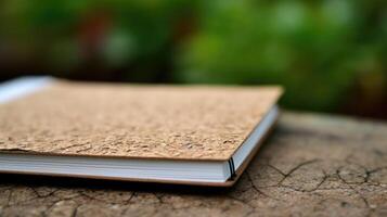 Macro image of a recycled paper notebook, highlighting the impact of using sustainable materials in everyday products. photo