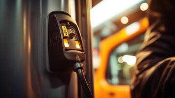 Closeup of the charging cord being inserted into the charging port on an electric bus. photo