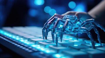 Closeup of a teens fingers typing rapidly on a keyboard while programming a robotic spider. photo