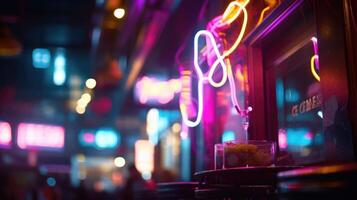 Closeup of a glowing neon sign hanging in a sea of darkness, adding a pop of vibrant color to the installation. photo