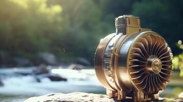 Closeup of a compact hydroelectric generator, capturing energy from a river. photo