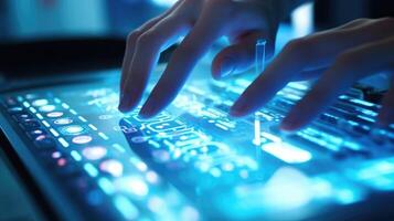 Closeup of a doctors hand tapping on a holographic keyboard to input medical information. photo
