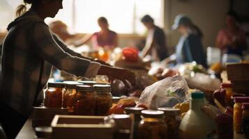 Closeup of a group of hands sorting and organizing donated items at a food bank. photo