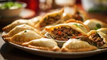 Closeup of a platter of bitesized empanadas, filled with a flavorful mix of meat and vegetables. photo