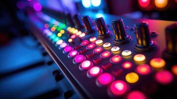 Closeup of colorful LED lights on the console, indicating the controllers connection. photo