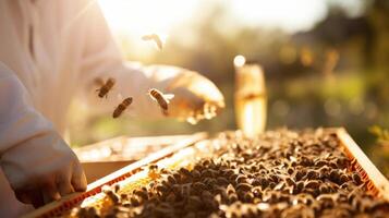 Closeup view of a beekeeper carefully inspecting a frame of honeycomb, surrounded by a sea of buzzing bees. photo