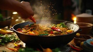 Closeup of a traditional dish being prepared in a virtual cooking workshop as part of the cultural exchange program. photo