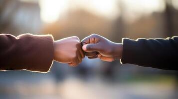 Closeup of a fist bump between two young individuals, representing the unity and strength in youth leadership. photo