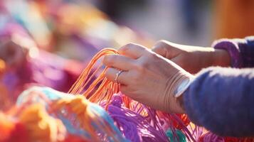 Closeup of a pair of hands skillfully weaving yarn onto a large outdoor installation, a collaborative community project. photo