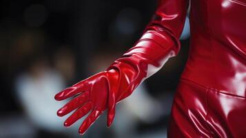 Closeup of a pair of long, silky gloves in a bold color completing a high fashion look on the runway. photo