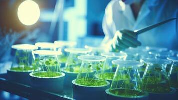 Detailed image of a lab technician using genetic modification techniques on plant cells. photo