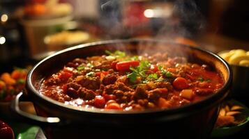 Closeup of a bubbling pot of y chili, filled with beans, tomatoes, and ground beef. photo