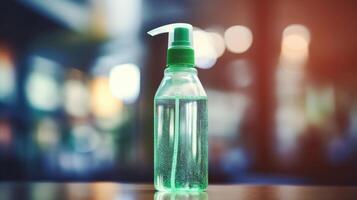 Closeup of a bottle of hand sanitizer with keep your hands clean label. photo