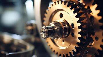 Closeup of the intricate gears and mechanisms inside a wind turbine hub. photo