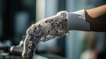 Closeup of a 3Dprinted prosthetic being assembled and attached to a robotic arm, showcasing the advanced technology used in creating these devices. photo
