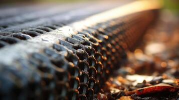 Macro shot of a mesh filter covering a gutter outlet, preventing debris. photo