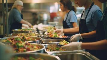 Closeup of a team of volunteers preparing and serving meals at a homeless shelter. photo