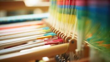 Closeup of a loom in a zero waste textile mill, repurposing hemp and silk ss into new fabric. photo