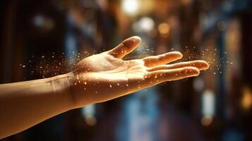Closeup of a hand reaching out to touch a virtual object, with the sensation of actually feeling it in the virtual world. photo