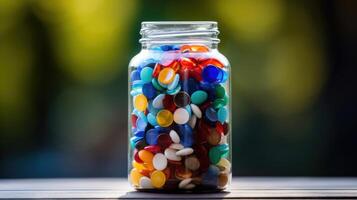Closeup of a glass jar filled with colorful plastic bottle caps, illustrating just a small fraction of plastic waste. photo