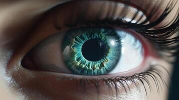 Extreme closeup of a virtual nurse avatars eye displaying compassion and empathy while interacting with a patient. photo
