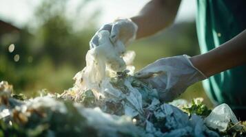 Extreme closeup of a hand carefully separating compostable materials from regular trash. photo