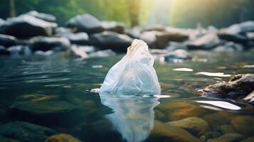 Closeup of a plastic bag floating in a river, a small but significant contribution to the growing problem of plastic pollution in waterways. photo