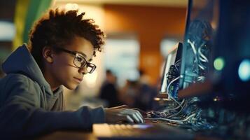 Closeup of a young programmers face intently focused on the screen as they debug a robot. photo