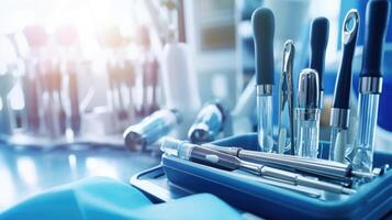 Macro image of dental tools and equipment being sterilized and prepared for use during a dental procedure aided by AI software. photo