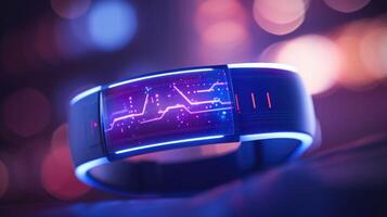 Closeup of a wristband with a biometric sensor monitoring sleep patterns. photo