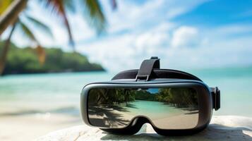 Closeup of VR glasses, displaying soothing beach scene for relaxation therapy session. photo