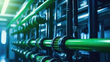 Closeup of a network of pipes and valves in an indoor vertical farming setup. photo