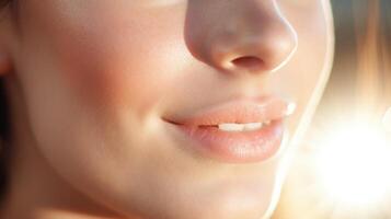 Closeup of a womans face with a glowing complexion after applying antiaging serum all over. photo