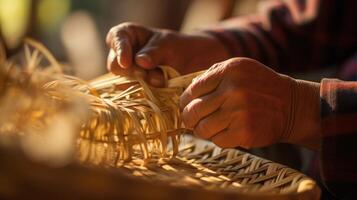 Closeup of a basket weavers hands deftly intertwining thin strips of bamboo into a sy basket. photo