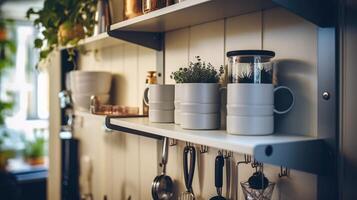 Closeup of a creative storage solution in a tiny home, with hooks and shelves mounted on the wall for organizing. photo