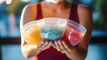 Closeup of hands holding different types of face masks. photo